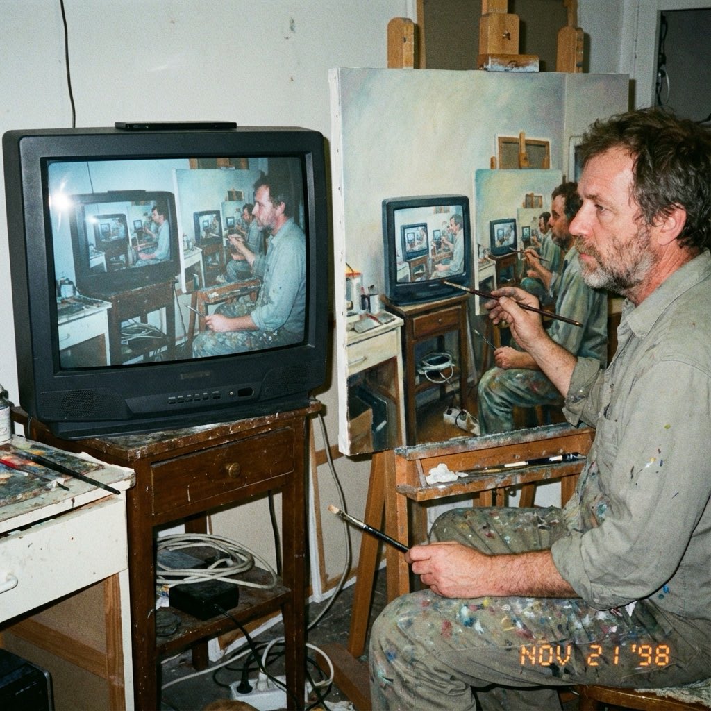 Amateur photograph from 1998 of a middle-aged artist copying an image by hand from a computer screen to an oil painting on stretched canvas, but the image is itself the photo of the artist painting the recursive image.