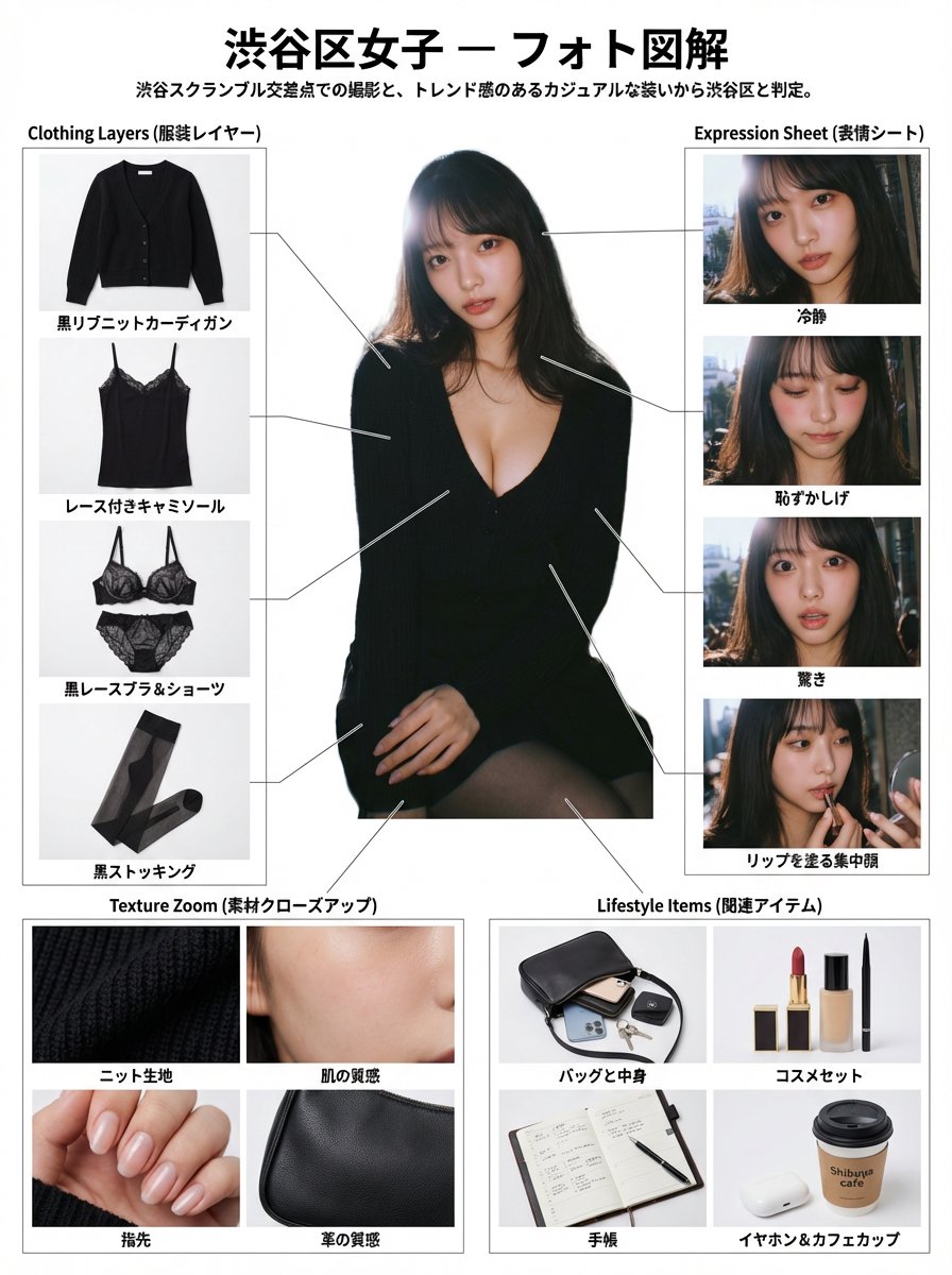 Hyper-realistic character breakdown diagram in photo style. A fashion model standing in the center, surrounded by detailed deconstruction elements: clothing layers breakdown, expression variations in close-up shots, fabric texture zoom-ins, and lifestyle items. White background with clean connector lines. Photorealistic quality with natural lighting and textures.